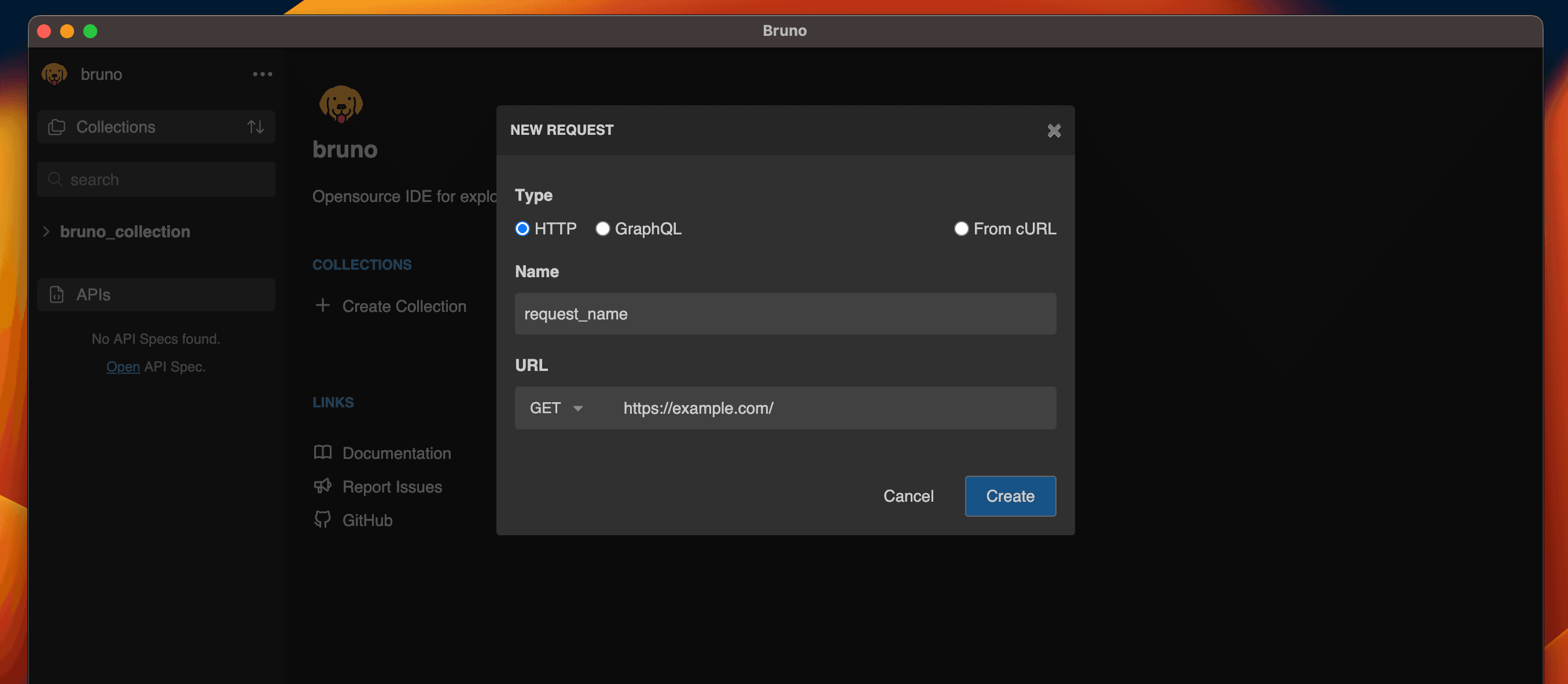 create request dialog