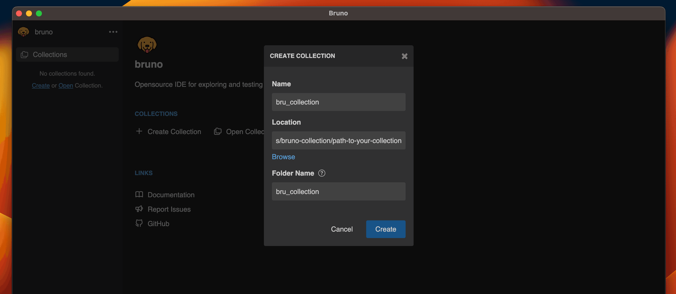 create collection dialog